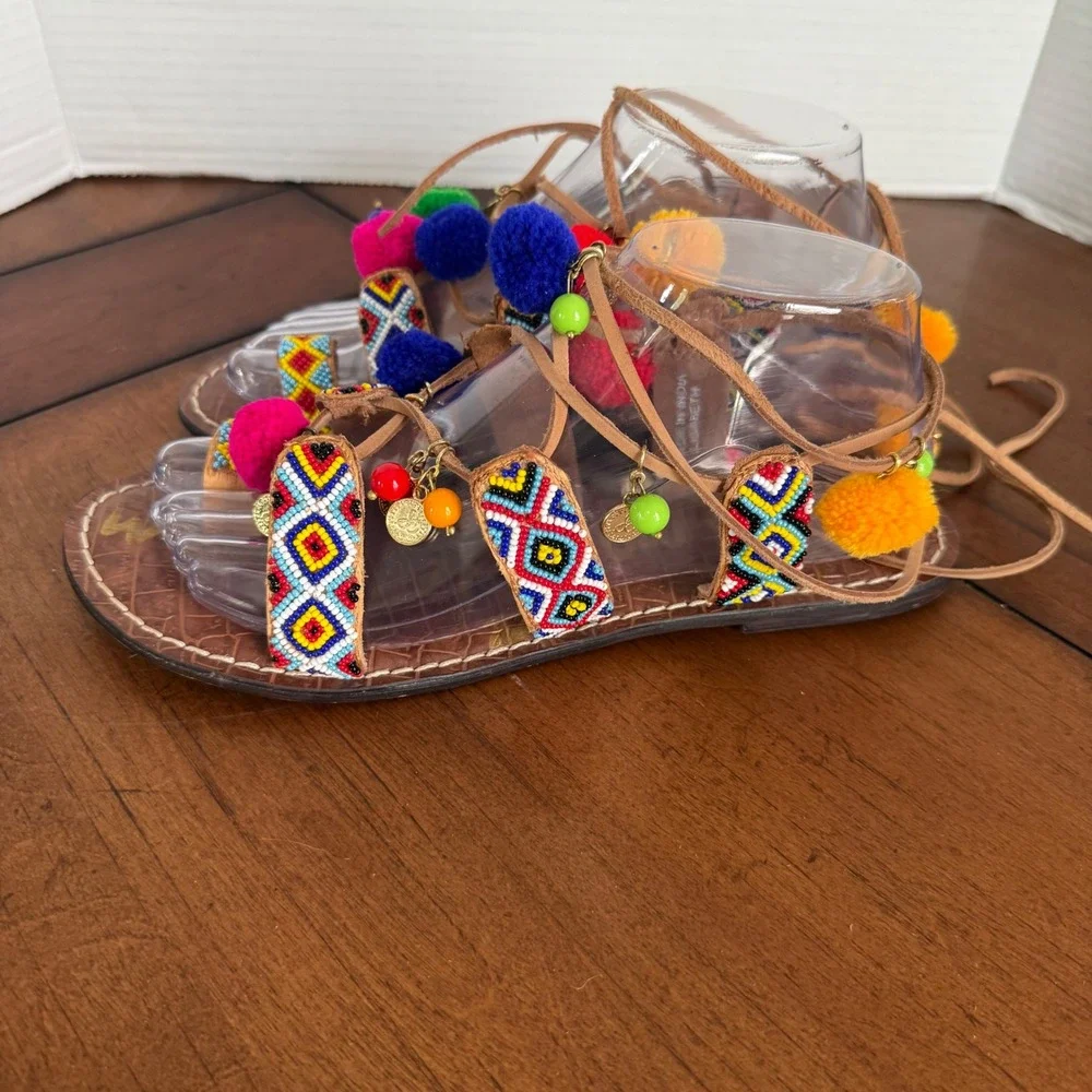 Sam‎ Edelman Lisabeth 9 Lace Up Beaded PomPom Colorful Summer Spring Sandals